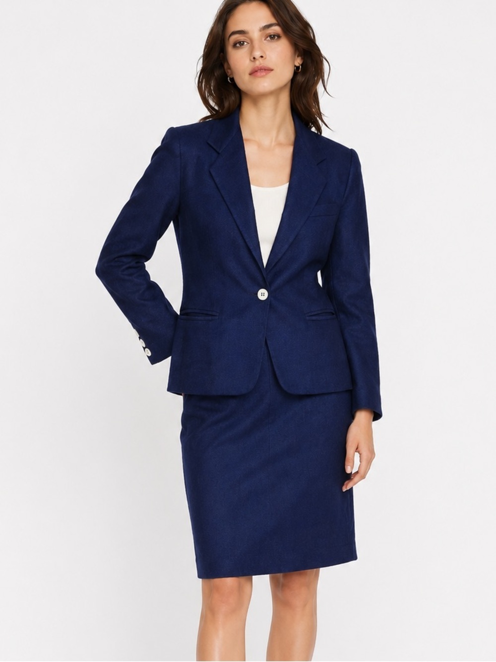 Vintage Evan Picone petite navy skirt suit set.